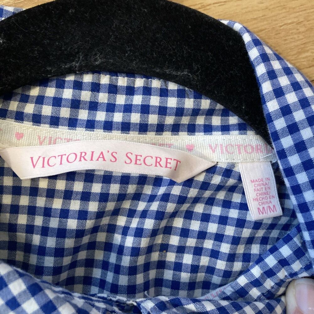 Victorias Secret Womens M Blue Gingham Button Up Cotton Sleep Shirt Boyfriend - Picture 3 of 10